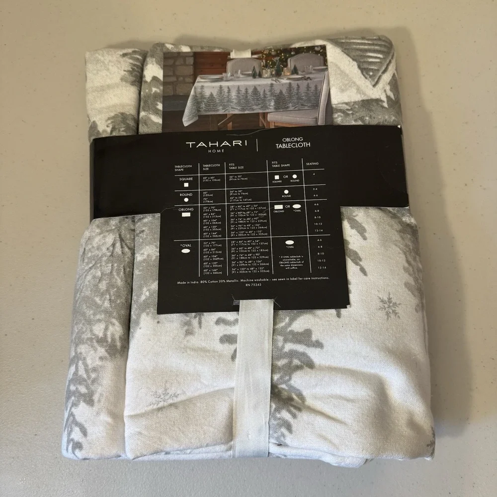 Tahari Home Tablecloth Winter Snowy Forest Tree Snowflakes‎ 60x104 Gray Silver